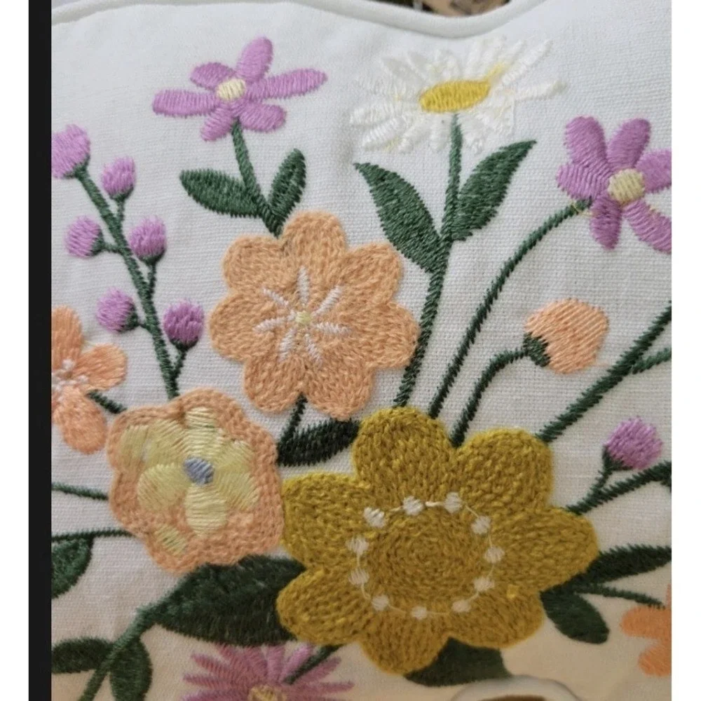 NWT Pastel Floral Embroidery‎ Pillow Bunny Shape, Garden Easter Decor
